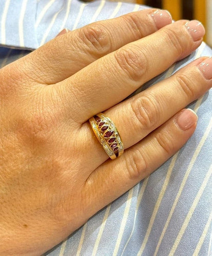 Bague 55 Bague en or jaune 18 carats avec grenats et diamants baguette 58 Facettes
