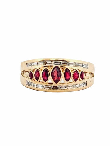 Bague 55 Bague en or jaune 18 carats avec grenats et diamants baguette 58 Facettes