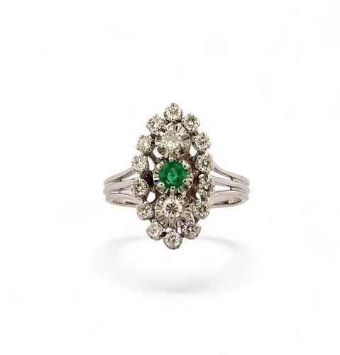 Bague 54 Bague marquise ancienne en or blanc 18 carats, diamants et émeraude 58 Facettes