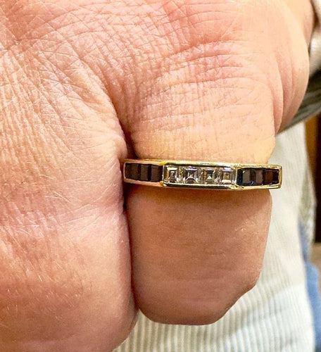Bague 50 Bague rétro géométrique en or jaune, diamants et saphirs 58 Facettes