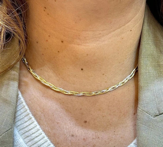 Collier Collier tressé semi-rigide en or jaune et or blanc 18 carats 58 Facettes