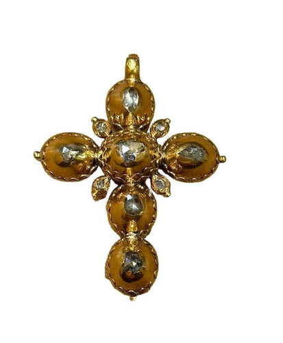 Croix géorgienne ancienne en or jaune cuivré 18 carats et diamants 58 Facettes