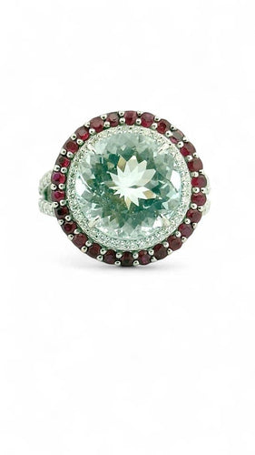 Bague 55 Bague en or blanc, aigue-marine, diamants et rubis 58 Facettes
