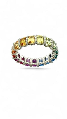 Bague 52 Alliance rainbow en platine 950 sertie de saphirs multicolores et diamants 58 Facettes