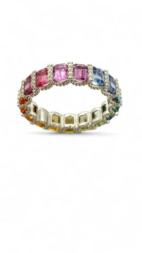 Bague 52 Alliance rainbow en platine 950 sertie de saphirs multicolores et diamants 58 Facettes