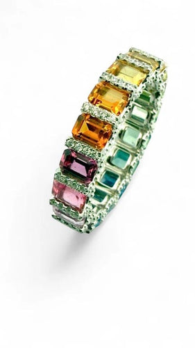 Bague 52 Alliance rainbow en platine 950 sertie de saphirs multicolores et diamants 58 Facettes