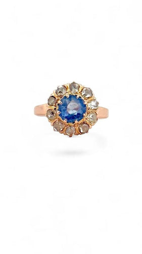 Bague 48 Bague marguerite ancienne en or rose 18 carats, aigue-marine et diamants 58 Facettes