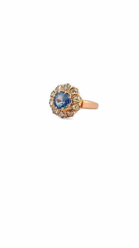 Bague 48 Bague marguerite ancienne en or rose 18 carats, aigue-marine et diamants 58 Facettes