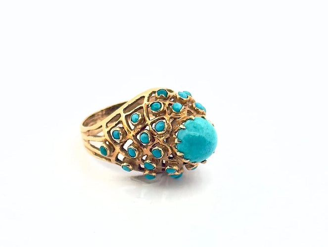 Bague 55 Bague ancienne en or jaune 18 carats sertie de turquoises 58 Facettes