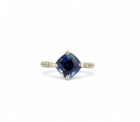 Bague 56 Solitaire - Bague en or blanc 18 carats saphir de Ceylan et diamants 58 Facettes