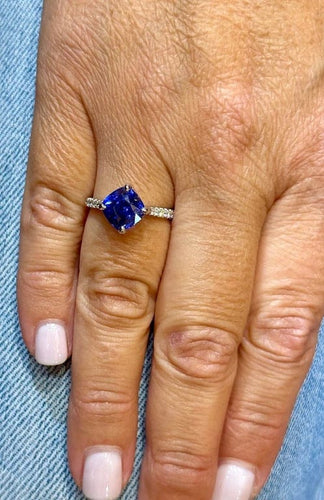 Bague 56 Solitaire - Bague en or blanc 18 carats saphir de Ceylan et diamants 58 Facettes