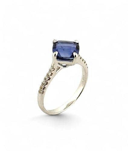 Bague 56 Solitaire - Bague en or blanc 18 carats saphir de Ceylan et diamants 58 Facettes