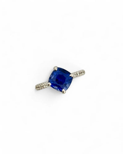 Bague 56 Solitaire - Bague en or blanc 18 carats saphir de Ceylan et diamants 58 Facettes