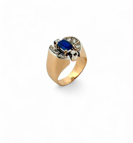 Bague 58 Chevalière ancienne en or jaune, argent, saphir de Siam et diamants 58 Facettes
