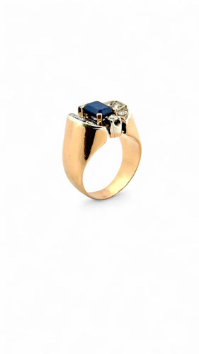 Bague 58 Chevalière ancienne en or jaune, argent, saphir de Siam et diamants 58 Facettes