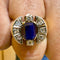 Bague 58 Chevalière ancienne en or jaune, argent, saphir de Siam et diamants 58 Facettes