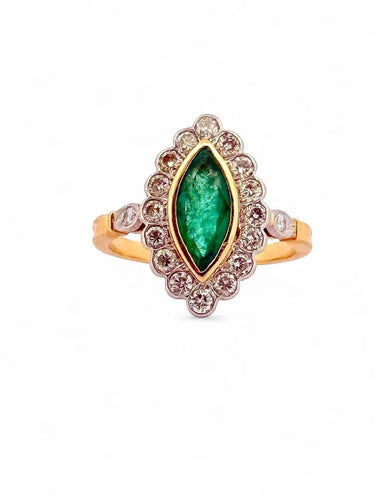 Bague 52.5 Bague marquise vintage en or jaune et platine, émeraude et diamants 58 Facettes