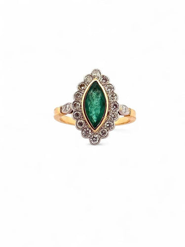 Bague 52.5 Bague marquise vintage en or jaune et platine, émeraude et diamants 58 Facettes