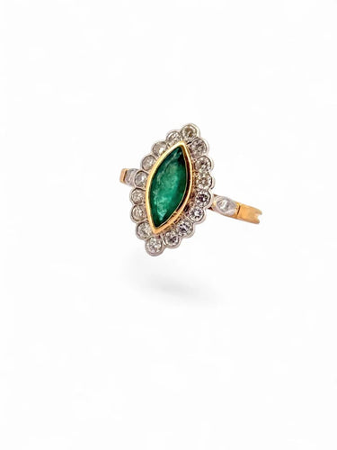 Bague 52.5 Bague marquise vintage en or jaune et platine, émeraude et diamants 58 Facettes