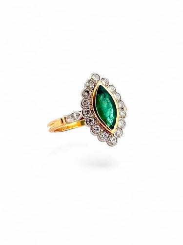 Bague 52.5 Bague marquise vintage en or jaune et platine, émeraude et diamants 58 Facettes