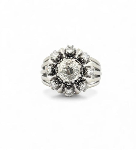 Bague 54 Bague marguerite ancienne - Diamants en or blanc 18 carats 58 Facettes