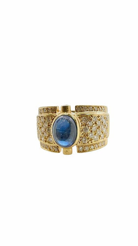 Bague 55 Bague en or jaune 18 carats avec saphir cabochon et diamants 58 Facettes