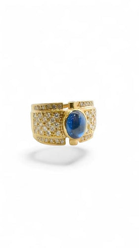 Bague 55 Bague en or jaune 18 carats avec saphir cabochon et diamants 58 Facettes
