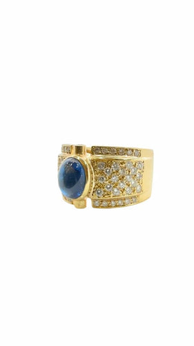 Bague 55 Bague en or jaune 18 carats avec saphir cabochon et diamants 58 Facettes
