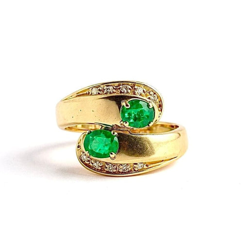 Bague 54 Bague Toi et Moi vintage en or jaune 18 carats, diamants et émeraudes 58 Facettes