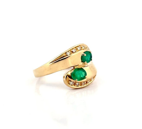 Bague 54 Bague Toi et Moi vintage en or jaune 18 carats, diamants et émeraudes 58 Facettes