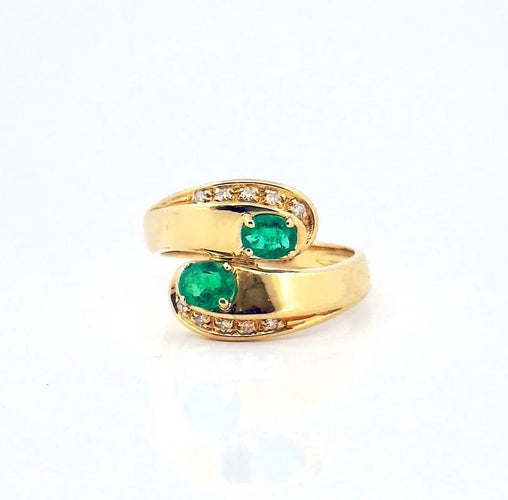 Bague 54 Bague Toi et Moi vintage en or jaune 18 carats, diamants et émeraudes 58 Facettes