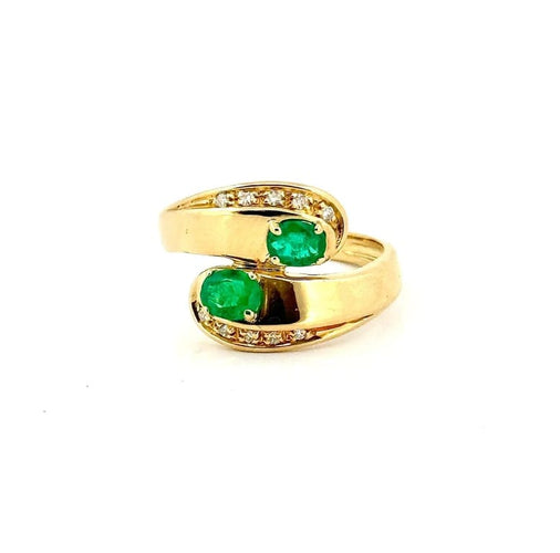 Bague 54 Bague Toi et Moi vintage en or jaune 18 carats, diamants et émeraudes 58 Facettes