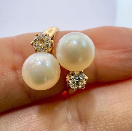 Bague 59 Bague Toi et Moi en or jaune, perles de culture et diamants 58 Facettes