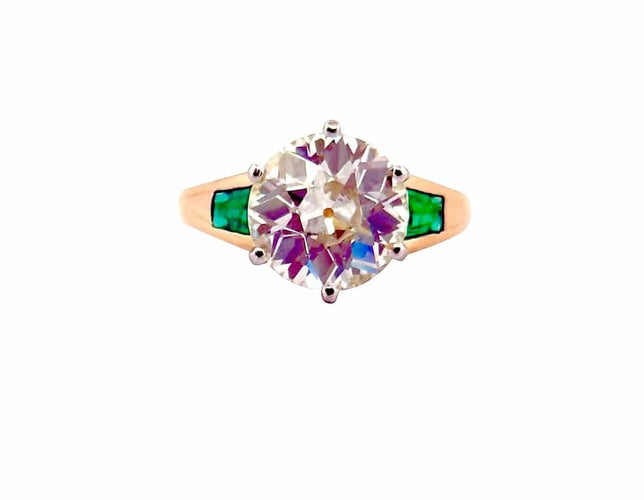 Bague 52 Solitaire - Bague en or jaune et platine avec diamant 3,85 ct et émeraudes 58 Facettes