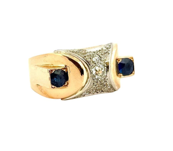 Bague 58 Bague Tank bombée chevalière en or bicolore 18 carats, saphirs et diamants 58 Facettes