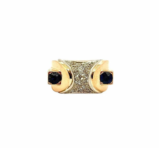 Bague 58 Bague Tank bombée chevalière en or bicolore 18 carats, saphirs et diamants 58 Facettes