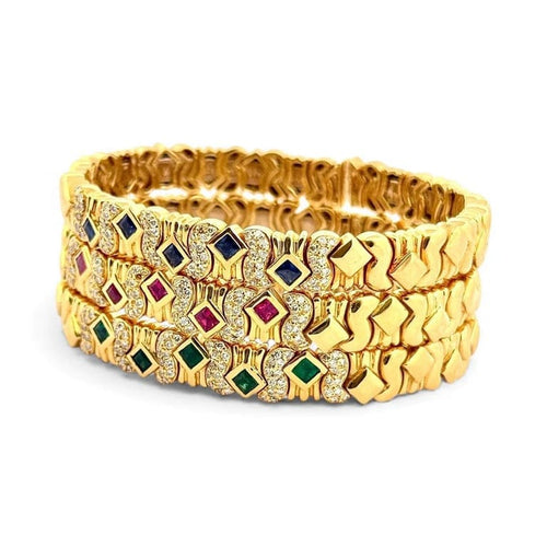 Bracelet 3 bracelets joncs en or jaune 18 carats avec diamants, rubis, émeraudes et saphirs 58 Facettes