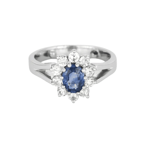 Bague 47 Bague marguerite en or gris 18k, saphir ovale et diamants 58 Facettes DADB-05