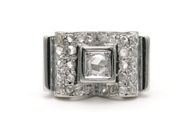 Bague 55 Bague Art déco sertie de diamants taille rose en or blanc 18 ct 58 Facettes 23293