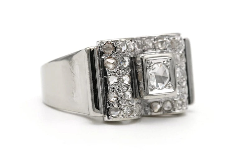 Bague 55 Bague Art déco sertie de diamants taille rose en or blanc 18 ct 58 Facettes 23293