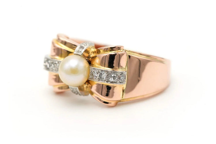 Bague 55 Bague Art déco en or jaune 18 carats, perle et diamants 0,24 ct 58 Facettes 23300
