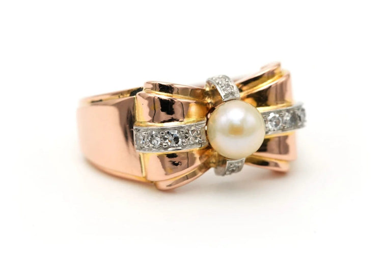 Bague 55 Bague Art déco en or jaune 18 carats, perle et diamants 0,24 ct 58 Facettes 23300