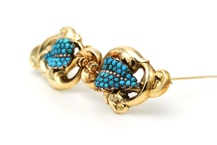 Broche Napoléon III - Broche en or jaune, perles et turquoises 58 Facettes 23349
