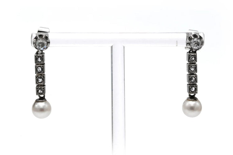 Boucles d'oreilles Art Déco - Boucles d’oreilles en or blanc 18 carats, perles et diamants taille rose 58 Facettes B808