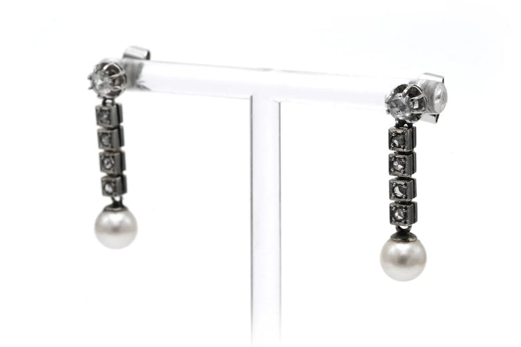 Boucles d'oreilles Art Déco - Boucles d’oreilles en or blanc 18 carats, perles et diamants taille rose 58 Facettes B808