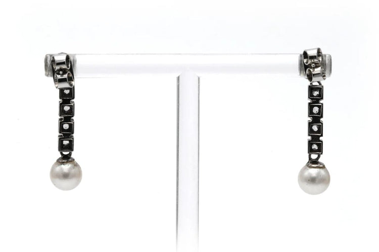 Boucles d'oreilles Art Déco - Boucles d’oreilles en or blanc 18 carats, perles et diamants taille rose 58 Facettes B808