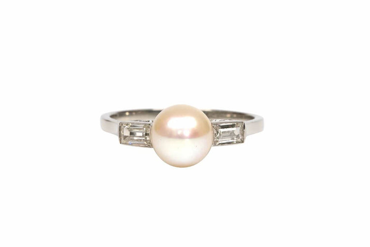 Bague 53 Bague Art déco en or blanc, perle et diamants 58 Facettes 21745