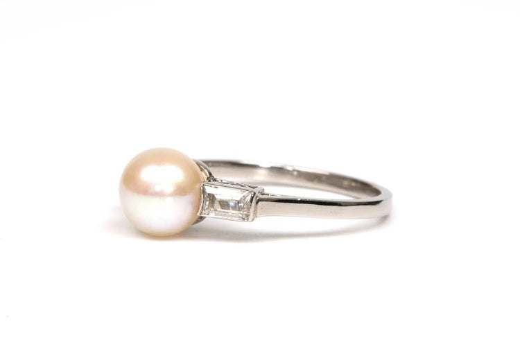 Bague 53 Bague Art déco en or blanc, perle et diamants 58 Facettes 21745