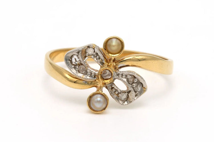 Bague 53 Bague Art nouveau en or jaune 18 carats et argent, diamants taille rose et perles 58 Facettes 22012