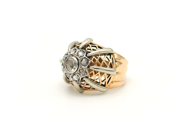 Bague 52 Bague Art déco sertie de diamants taille rose en or jaune et blanc 18 carats 58 Facettes 17664
